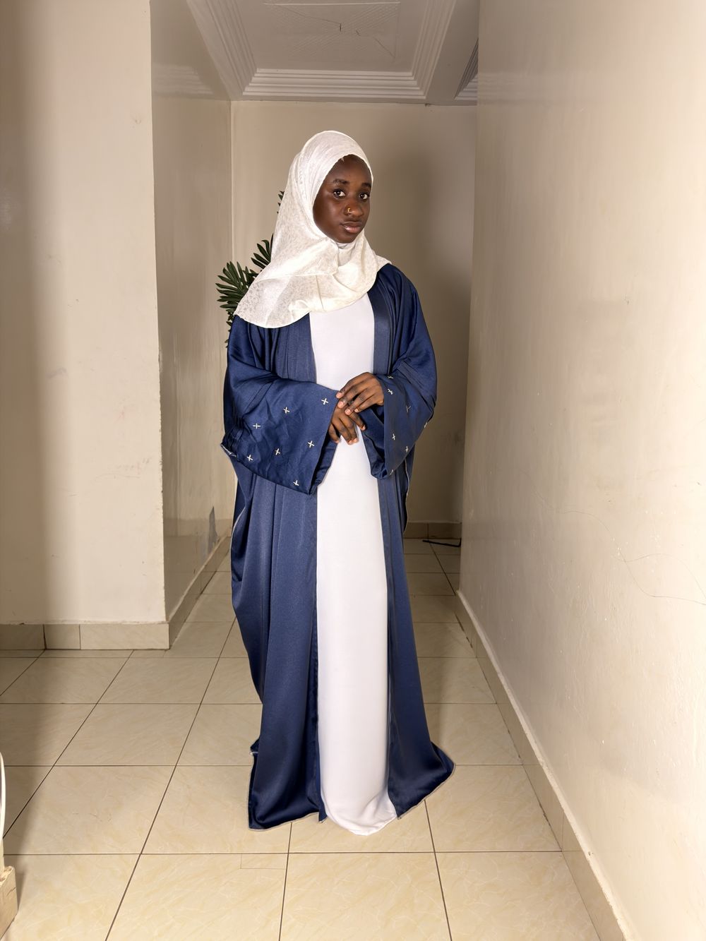 Navy satin open abaya with white inner dress